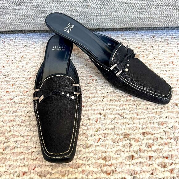 Stuart Weitzman Black Calf Pebbled Leather Tassel Mules - Picture 1 of 10